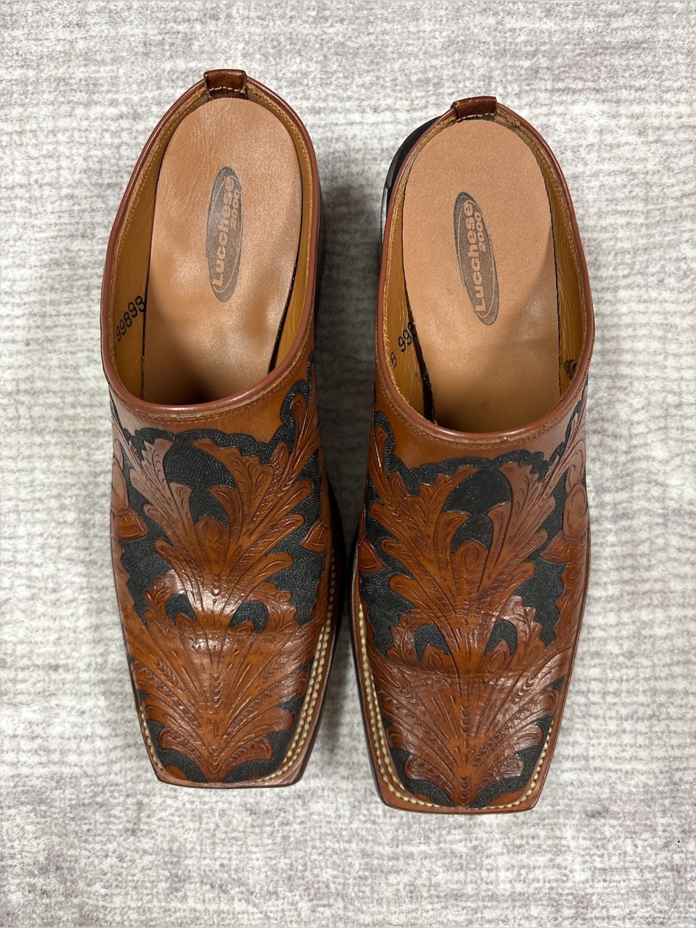 Vintage Lucchese Leather Tooled Western Mules Brown Black Square Toe Block Heel - Picture 2 of 10